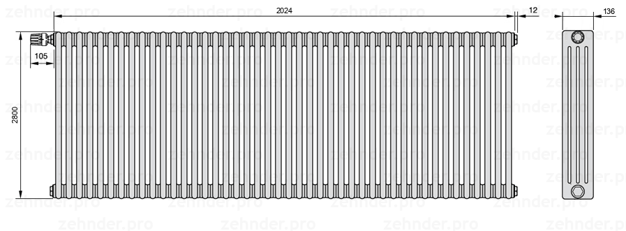 Схема (чертеж) Радиатор Zehnder Charleston 4280/44 №V011 Белый глянцевый RAL 9016